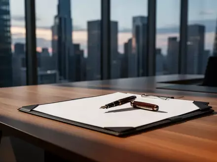 Ein minimalistischer Schreibtisch mit einer Dokumentenmappe und einem Füllfederhalter vor einem verschwommenen Stadtpanorama. - Foto: über boerse-global.de