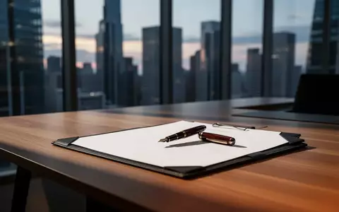 Ein minimalistischer Schreibtisch mit einer Dokumentenmappe und einem Füllfederhalter vor einem verschwommenen Stadtpanorama. - Foto: über boerse-global.de