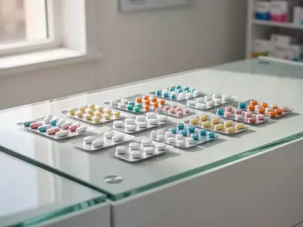 Verschiedene Medikamentenpackungen und Blister auf einem sauberen Apothekentresen bei natürlichem Licht. - Foto: über boerse-global.de