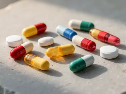 Verschiedene Vitamin-Tabletten und Kapseln liegen auf einer hellen Steinoberfläche bei weichem Tageslicht. - Foto: über boerse-global.de