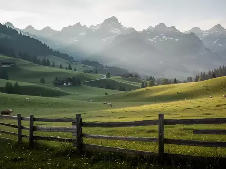 Weite, grüne Schweizer Bergwiesen und Weidelandschaft vor einer alpinen Kulisse bei Morgenlicht. - Foto: über boerse-global.de