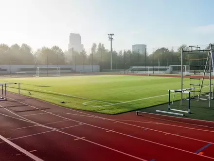 Leere Sportanlage mit Laufbahn und Rasenplatz bei hellem Tageslicht für Breitensportangebote. - Foto: über boerse-global.de