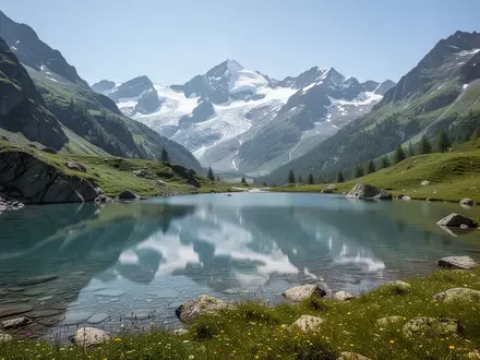 Eine idyllische Berglandschaft mit einem klaren Gebirgssee und schneebedeckten Gipfeln unter einem hellen Sommerhimmel. - Foto: über boerse-global.de