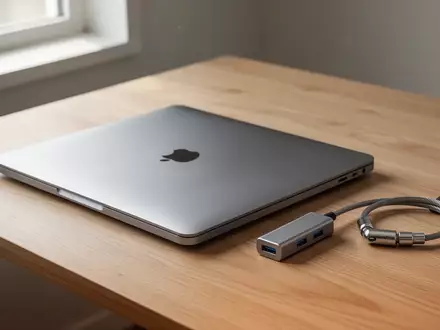 Ein silbernes MacBook auf einem Schreibtisch neben einem USB-C-Hub und einem Sicherheits-Adapter für Laptops. - Foto: über boerse-global.de