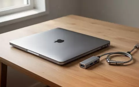 Ein silbernes MacBook auf einem Schreibtisch neben einem USB-C-Hub und einem Sicherheits-Adapter für Laptops. - Foto: über boerse-global.de