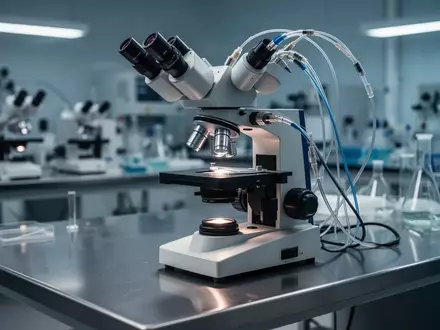 Ein hochmodernes medizinisches Mikroskop in einem sterilen Laborumfeld mit fokussierter Beleuchtung. - Foto: über boerse-global.de