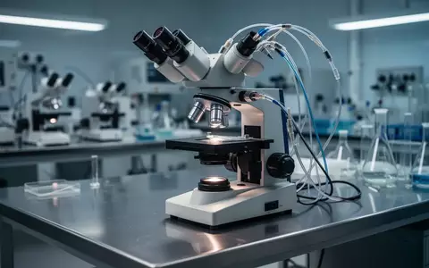 Ein hochmodernes medizinisches Mikroskop in einem sterilen Laborumfeld mit fokussierter Beleuchtung. - Foto: über boerse-global.de