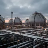 Industrielle Erdgasspeicheranlage mit großen Kugeltanks und Stahlrohrleitungen bei Dämmerung. - Foto: über boerse-global.de