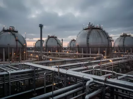 Industrielle Erdgasspeicheranlage mit großen Kugeltanks und Stahlrohrleitungen bei Dämmerung. - Foto: über boerse-global.de