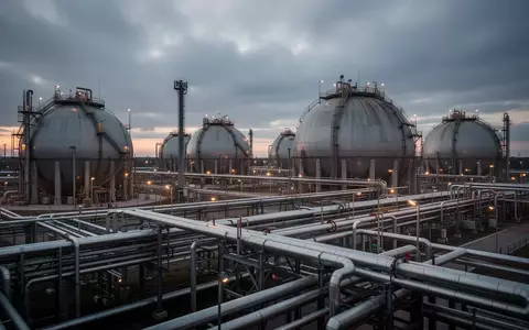 Industrielle Erdgasspeicheranlage mit großen Kugeltanks und Stahlrohrleitungen bei Dämmerung. - Foto: über boerse-global.de