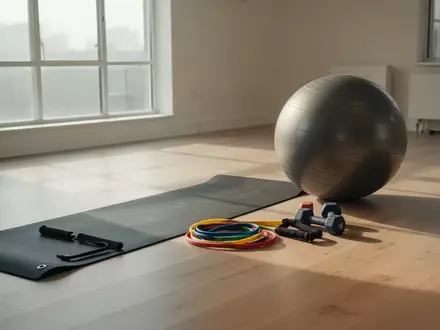 Ein minimalistischer Trainingsraum mit einer Yogamatte, Fitnessbändern, Kurzhanteln und einem Balanceball auf einem Holzboden. - Foto: über boerse-global.de