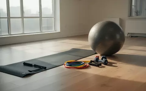 Ein minimalistischer Trainingsraum mit einer Yogamatte, Fitnessbändern, Kurzhanteln und einem Balanceball auf einem Holzboden. - Foto: über boerse-global.de