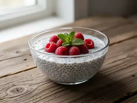 Eine Glasschale mit Chia-Pudding und frischen Himbeeren auf einem Holztisch bei natürlichem Licht. - Foto: über boerse-global.de