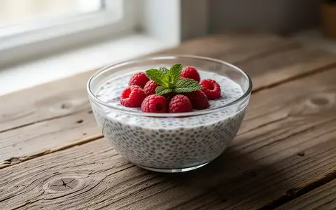 Eine Glasschale mit Chia-Pudding und frischen Himbeeren auf einem Holztisch bei natürlichem Licht. - Foto: über boerse-global.de