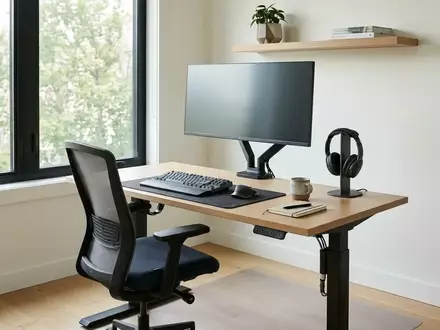 Ein aufgeräumter, minimalistischer Arbeitsplatz mit höhenverstellbarem Schreibtisch, ergonomischem Monitorständer und geordneter Technik bei natürlichem Tageslicht. - Foto: über boerse-global.de