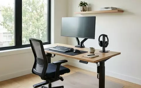 Ein aufgeräumter, minimalistischer Arbeitsplatz mit höhenverstellbarem Schreibtisch, ergonomischem Monitorständer und geordneter Technik bei natürlichem Tageslicht. - Foto: über boerse-global.de