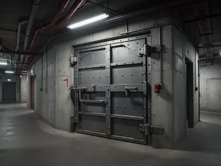 Schwere, verstärkte Stahltür in einem massiven Betonwand-Korridor eines unterirdischen Schutzraums. - Foto: über boerse-global.de
