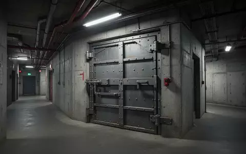 Schwere, verstärkte Stahltür in einem massiven Betonwand-Korridor eines unterirdischen Schutzraums. - Foto: über boerse-global.de