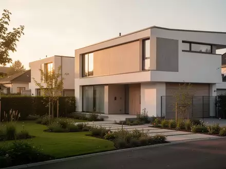 Modernes Einfamilienhaus in einer ruhigen Wohngegend bei Sonnenuntergang. - Foto: über boerse-global.de