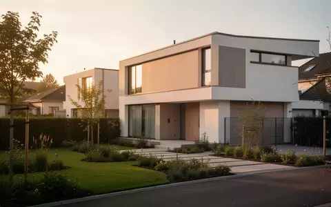 Modernes Einfamilienhaus in einer ruhigen Wohngegend bei Sonnenuntergang. - Foto: über boerse-global.de