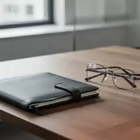 Ein minimalistischer Schreibtisch mit einem geschlossenen Notizbuch und einer Brille in einem hellen Büro. - Foto: über boerse-global.de