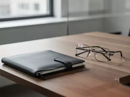 Ein minimalistischer Schreibtisch mit einem geschlossenen Notizbuch und einer Brille in einem hellen Büro. - Foto: über boerse-global.de