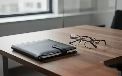 Ein minimalistischer Schreibtisch mit einem geschlossenen Notizbuch und einer Brille in einem hellen Büro. - Foto: über boerse-global.de