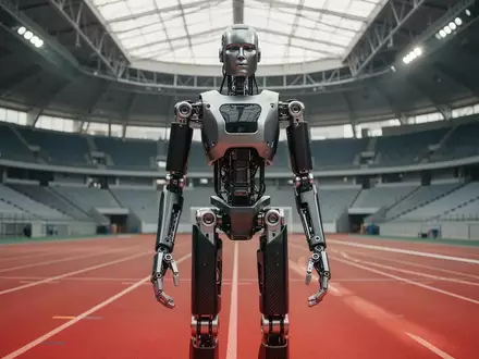 Ein hochmoderner humanoider Roboter steht auf einer roten Kunststoff-Laufbahn in einer leeren Sportarena. - Foto: über boerse-global.de