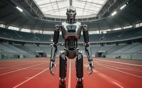 Ein hochmoderner humanoider Roboter steht auf einer roten Kunststoff-Laufbahn in einer leeren Sportarena. - Foto: über boerse-global.de
