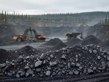 Ein offener Graphit-Tagebau in einer kanadischen Landschaft mit Gesteinshaufen und schwerem Gerät im Hintergrund. - Foto: über boerse-global.de