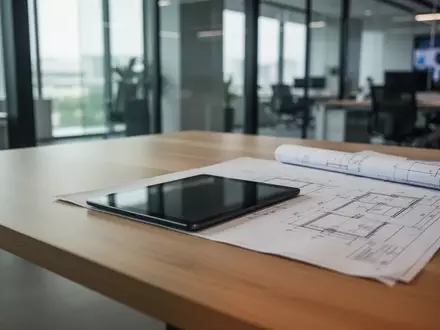 Ein moderner, minimalistischer Arbeitsplatz mit einem ausgeschalteten Tablet und technischen Entwürfen in einem Büro. - Foto: über boerse-global.de