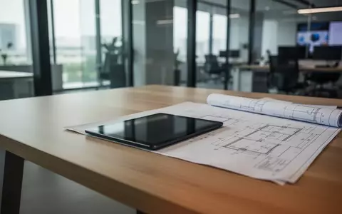 Ein moderner, minimalistischer Arbeitsplatz mit einem ausgeschalteten Tablet und technischen Entwürfen in einem Büro. - Foto: über boerse-global.de