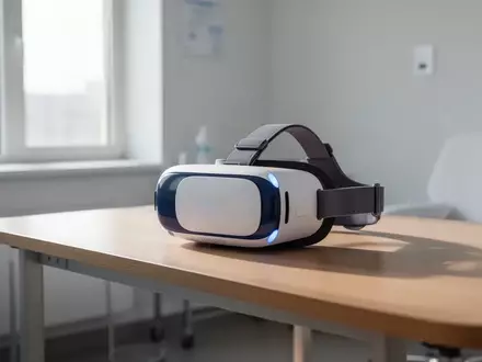 Ein Virtual-Reality-Headset liegt auf einem Holztisch in einem hellen, modernen Behandlungszimmer. - Foto: über boerse-global.de