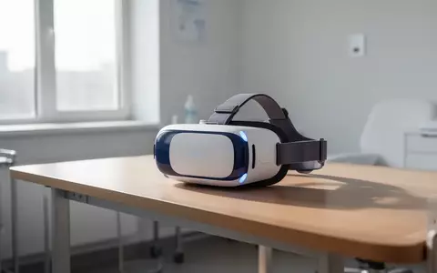 Ein Virtual-Reality-Headset liegt auf einem Holztisch in einem hellen, modernen Behandlungszimmer. - Foto: über boerse-global.de