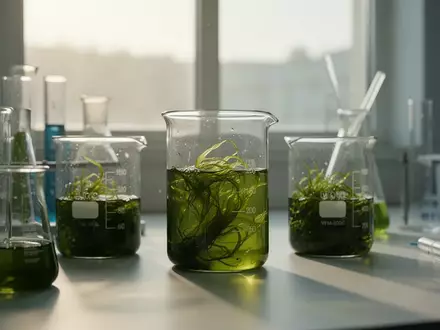 Grüne Algenextrakte in Laborgefäßen in einer hellen, wissenschaftlichen Umgebung. - Foto: über boerse-global.de