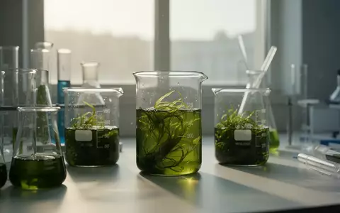 Grüne Algenextrakte in Laborgefäßen in einer hellen, wissenschaftlichen Umgebung. - Foto: über boerse-global.de