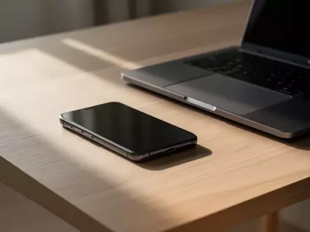 Modernes Smartphone und Laptop auf einem minimalistischen Schreibtisch bei natürlichem Lichteinfall. - Foto: über boerse-global.de