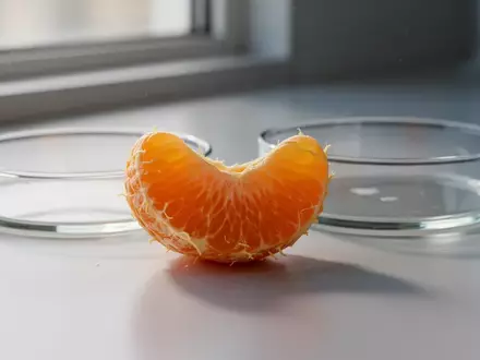 Eine frische Orangenspalte neben einer Petrischale auf einem Labortisch in natürlichem Licht. - Foto: über boerse-global.de