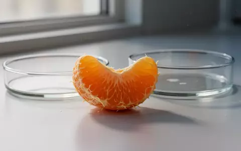 Eine frische Orangenspalte neben einer Petrischale auf einem Labortisch in natürlichem Licht. - Foto: über boerse-global.de