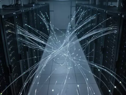Abstrakte Serverräume mit leuchtenden Glasfaserkabeln und dunklen Server-Racks in einer industriellen Umgebung. - Foto: über boerse-global.de