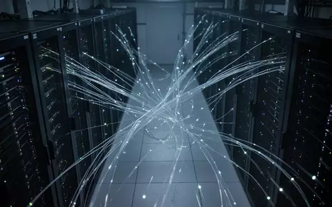 Abstrakte Serverräume mit leuchtenden Glasfaserkabeln und dunklen Server-Racks in einer industriellen Umgebung. - Foto: über boerse-global.de
