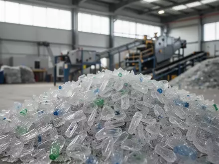 Nahaufnahme von recycelten Kunststoff-Flocken in einer modernen Recyclinganlage für eine nachhaltige Kreislaufwirtschaft. - Foto: über boerse-global.de