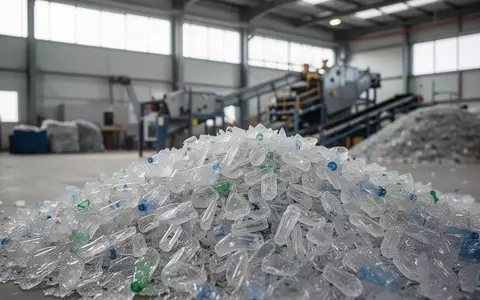 Nahaufnahme von recycelten Kunststoff-Flocken in einer modernen Recyclinganlage für eine nachhaltige Kreislaufwirtschaft. - Foto: über boerse-global.de