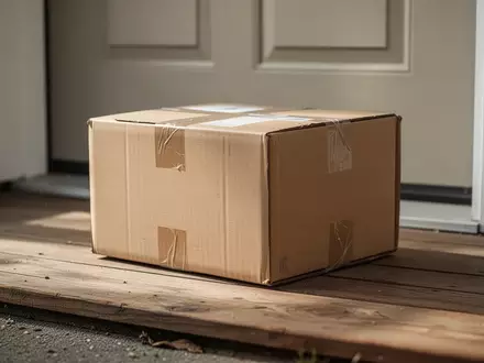 Ein ungeöffnetes Versandpaket liegt auf einer hölzernen Türschwelle bei natürlichem Tageslicht. - Foto: über boerse-global.de