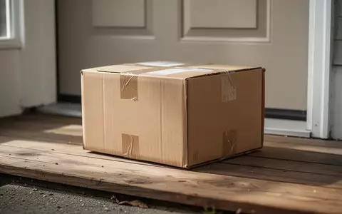 Ein ungeöffnetes Versandpaket liegt auf einer hölzernen Türschwelle bei natürlichem Tageslicht. - Foto: über boerse-global.de