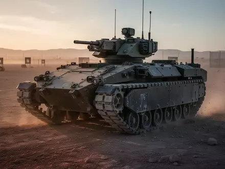 Ein unbemanntes Bodenfahrzeug auf einem militärischen Übungsgelände bei Dämmerung. - Foto: über boerse-global.de