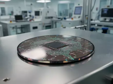 Ein Silizium-Wafer auf einer industriellen Metalloberfläche in einer modernen Halbleiter-Fertigungsanlage. - Foto: über boerse-global.de