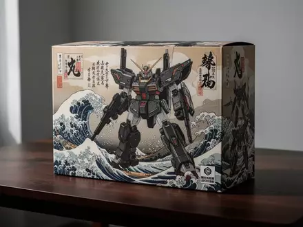 Verpackung eines Gundam-Modellbausatzes im Ukiyo-e-Design auf einem Holztisch. - Foto: über boerse-global.de