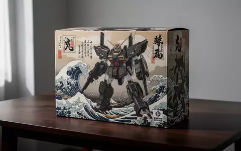 Verpackung eines Gundam-Modellbausatzes im Ukiyo-e-Design auf einem Holztisch. - Foto: über boerse-global.de