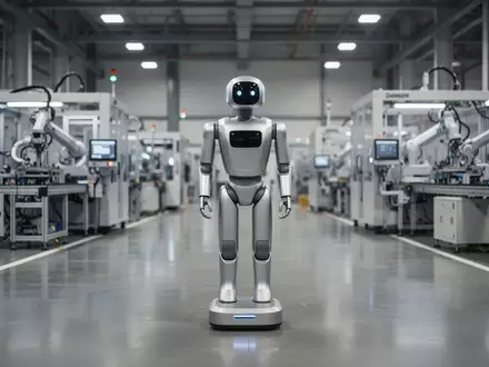 Ein humanoider Roboter-Prototyp steht in einer modernen, industriellen Fertigungshalle. - Foto: über boerse-global.de